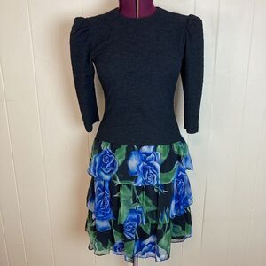 Vintage 80s 90s Tiered Floral Party Prom Dress Small Cocktail Evening Formal